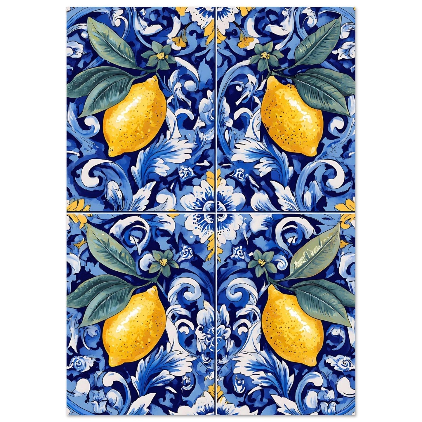 Classic Mediterranean ceramic tile pattern with hand-painted lemon illustrations