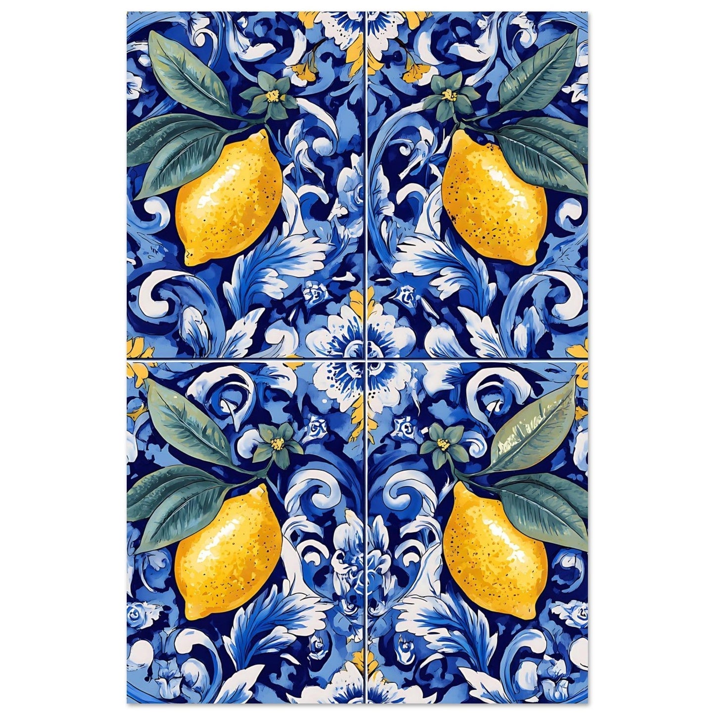 Vintage Portuguese azulejo ceramic tile with detailed lemon and foliage design