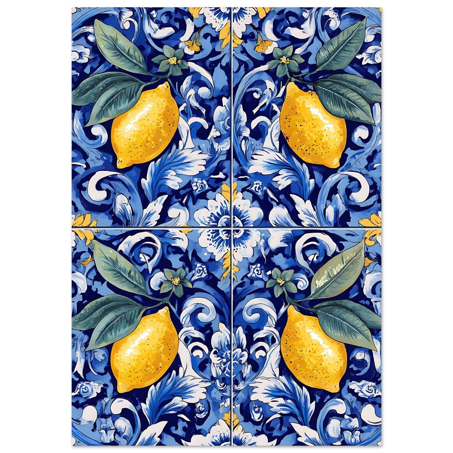 Classic Portuguese azulejo ceramic tile featuring ornate lemon pattern and decorative elements