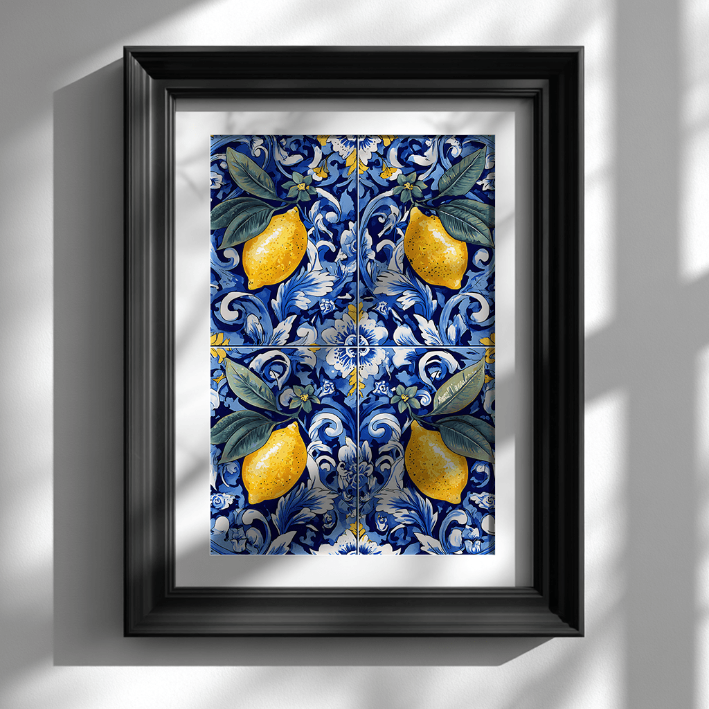 Portuguese ceramic tile poster with lemons in elegant black frame on white wall