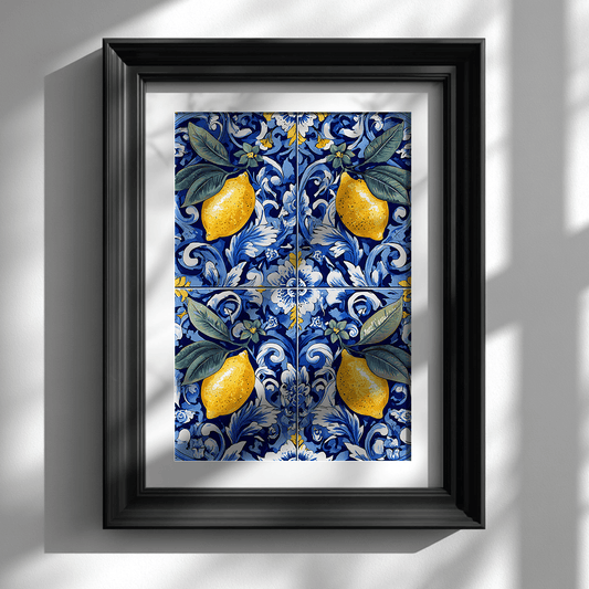 Portuguese ceramic tile poster with lemons in elegant black frame on white wall