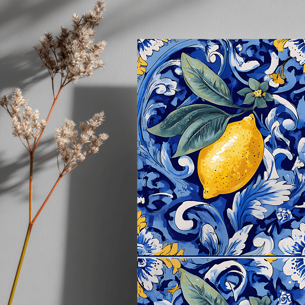 Close-up detail of Portuguese ceramic tile poster showing intricate lemon pattern design