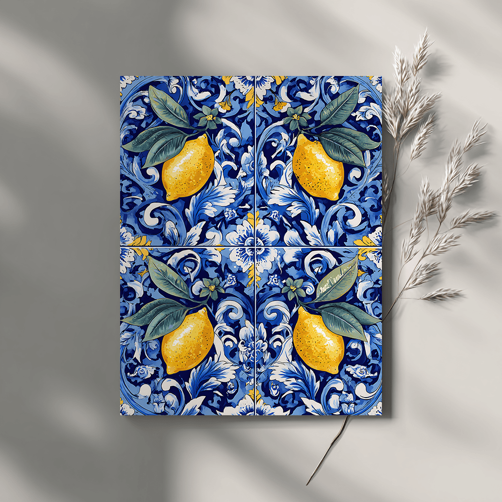 Traditional Portuguese ceramic tile pattern with yellow lemons on grey background