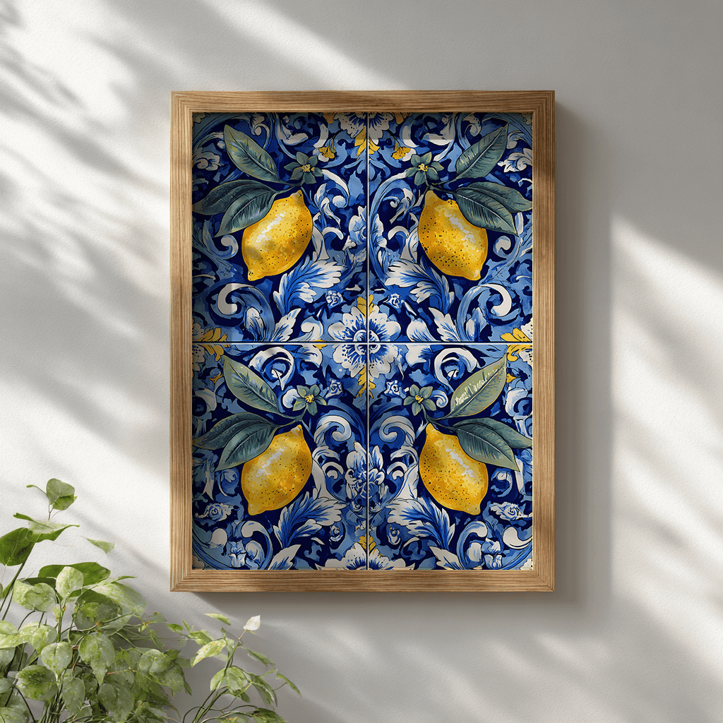 Mediterranean lemon tile poster in natural wooden frame on clean white wall