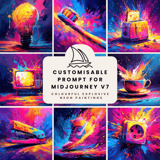Psychedelic still life Midjourney V7 prompt bundle for creating electric digital art and neon poster designs
