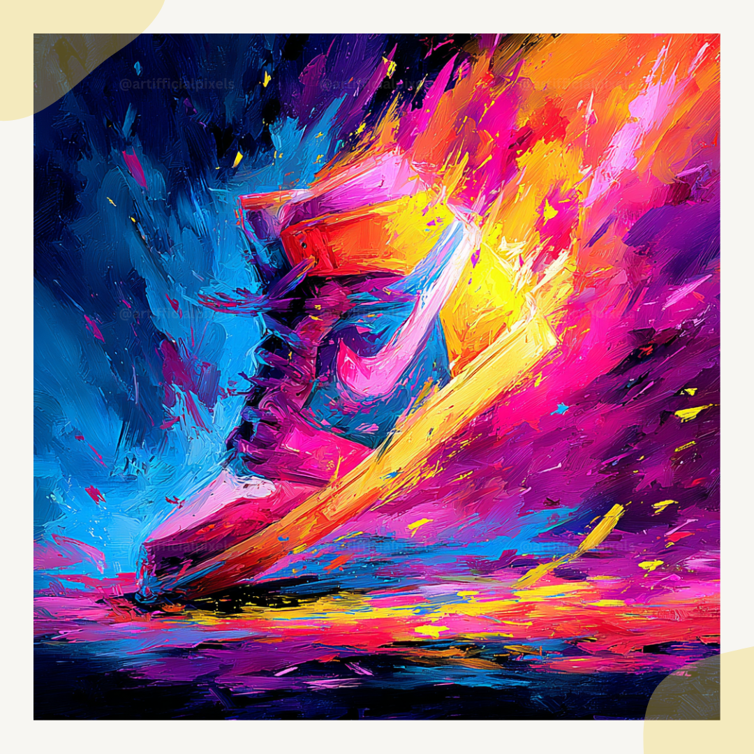Psychedelic shoe artwork with neon colours created using Midjourney AI prompt for wall art and posters