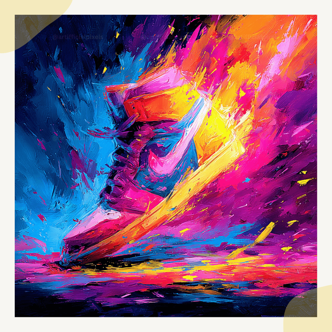 Psychedelic shoe artwork with neon colours created using Midjourney AI prompt for wall art and posters