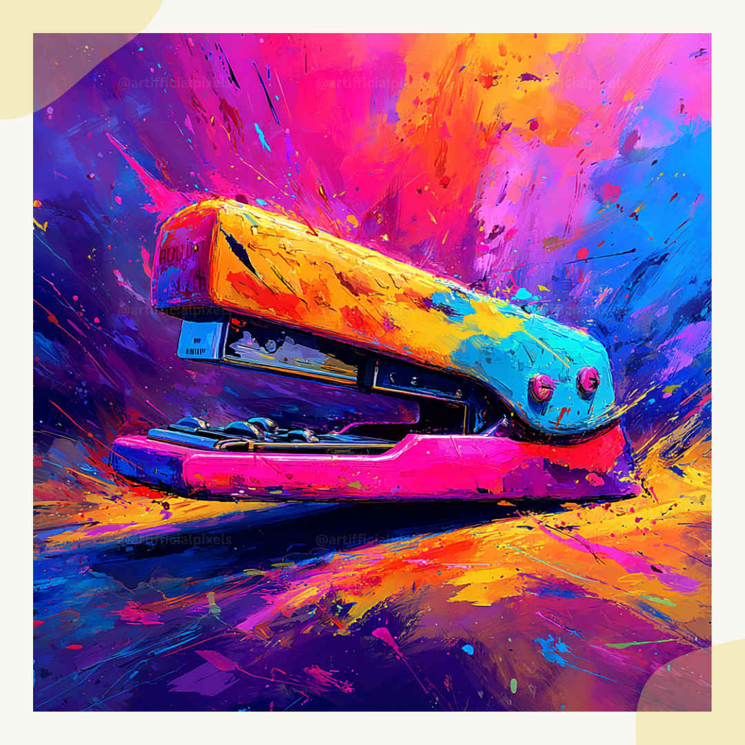 Psychedelic stapler surreal artwork generated with Midjourney AI prompt bundle for Etsy sellers and designers