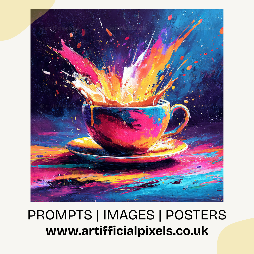 Psychedelic teacup surreal artwork example from Midjourney AI prompt bundle with chaotic abstract energy