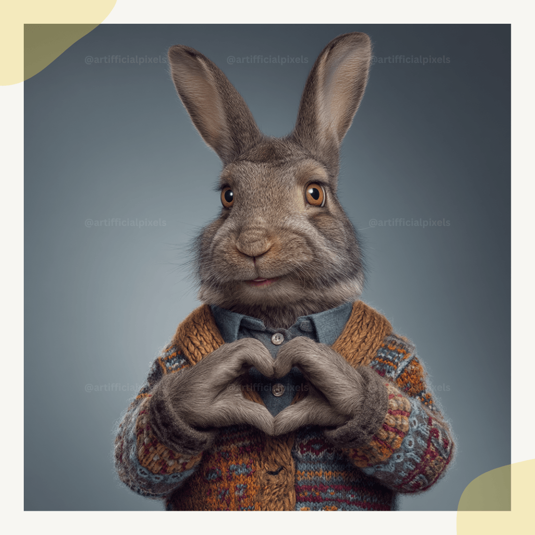 Rabbit wearing a sweater and bow tie, making a heart shape with its paws on a gray background