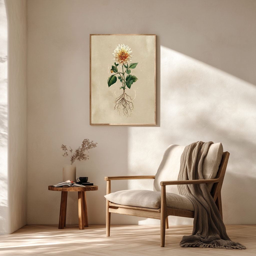 Nestled corner of a room with a wooden chair, small table, and framed dahlia poster art on the wall.