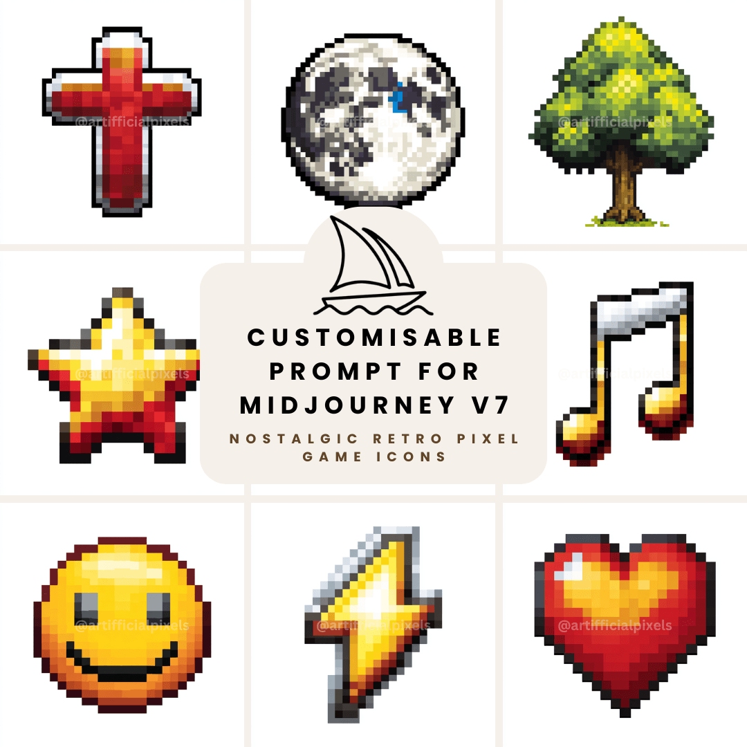 Retro pixel art midjourney prompt collection showcasing various 8-bit style icons and digital art examples for AI generated designs