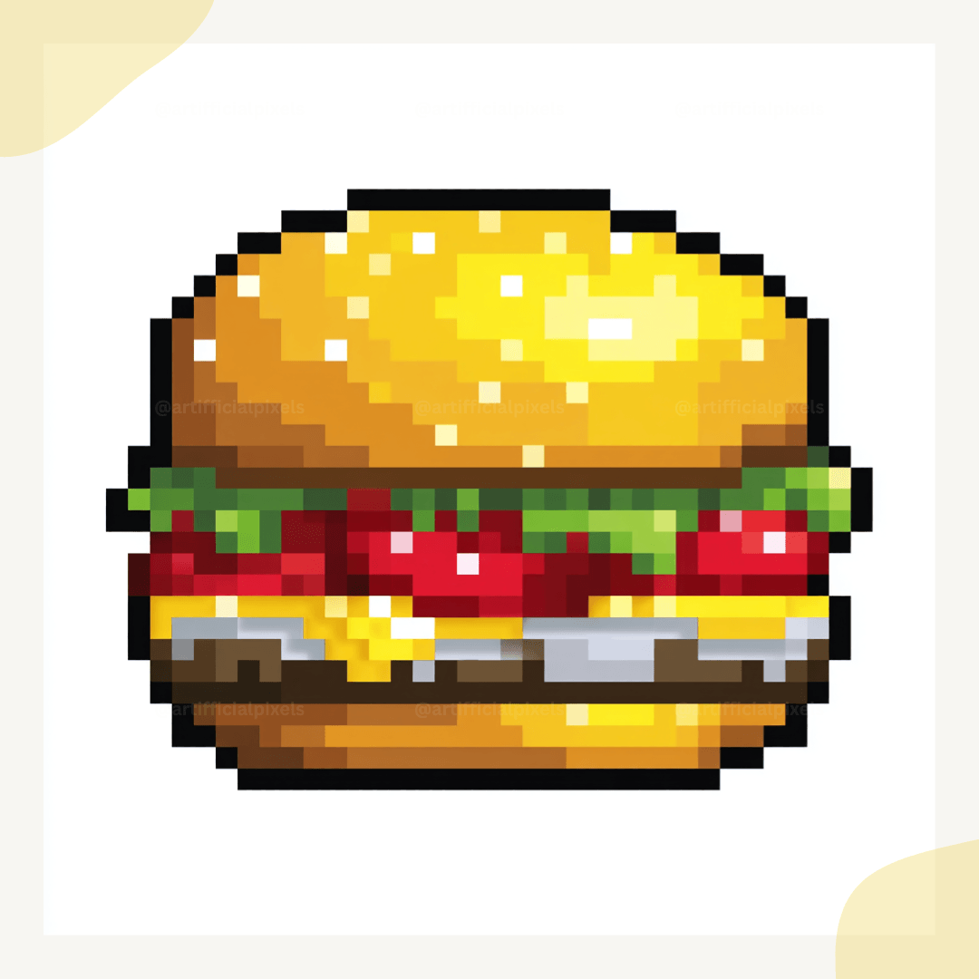 Colourful pixel art burger icon in classic 8-bit style generated using midjourney prompt for digital art and gaming projects