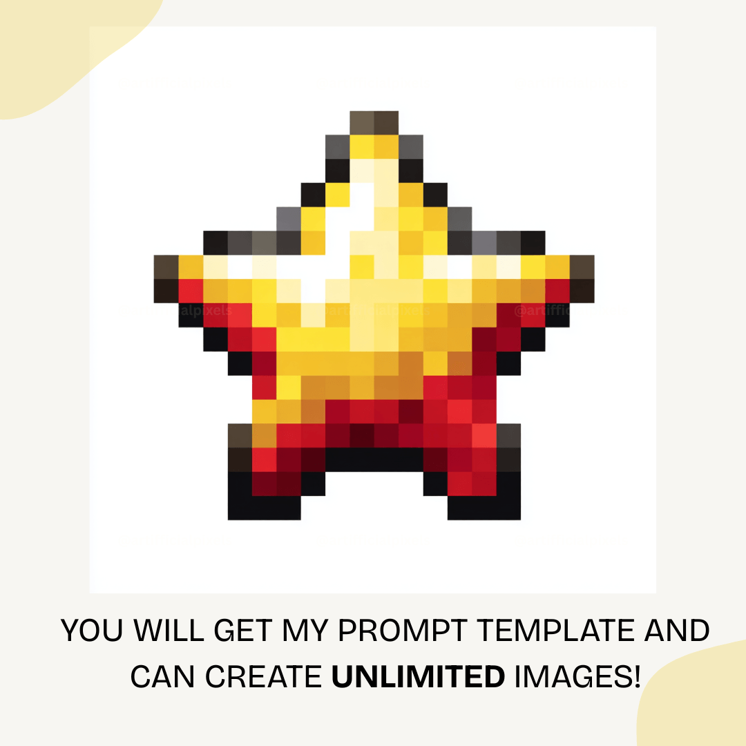 Bright yellow pixel art star icon generated using midjourney prompt template perfect for digital art and gaming projects