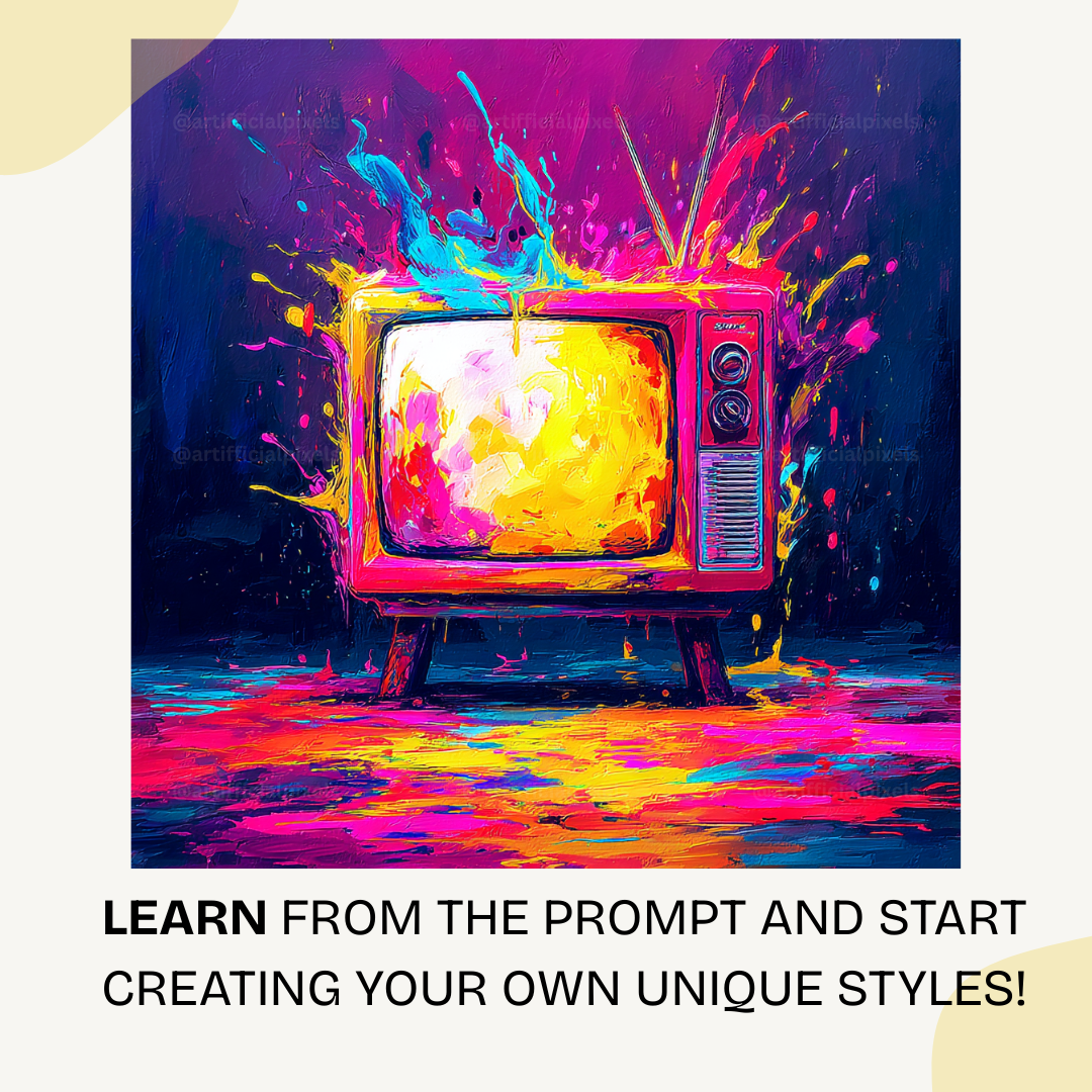 Retro TV transformed into psychedelic digital art using Midjourney V7 prompt with electric neon effects