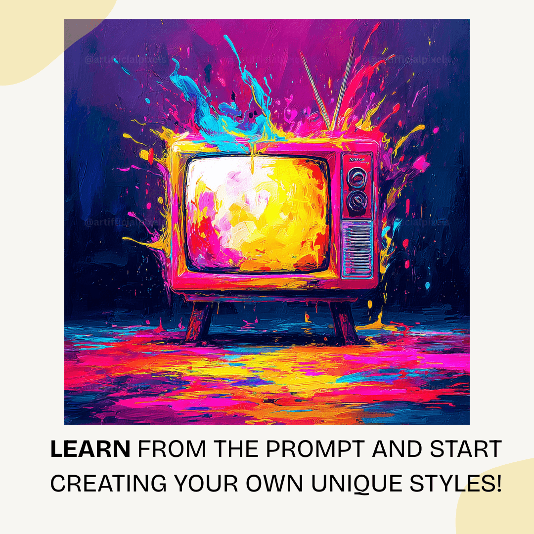Retro TV transformed into psychedelic digital art using Midjourney V7 prompt with electric neon effects