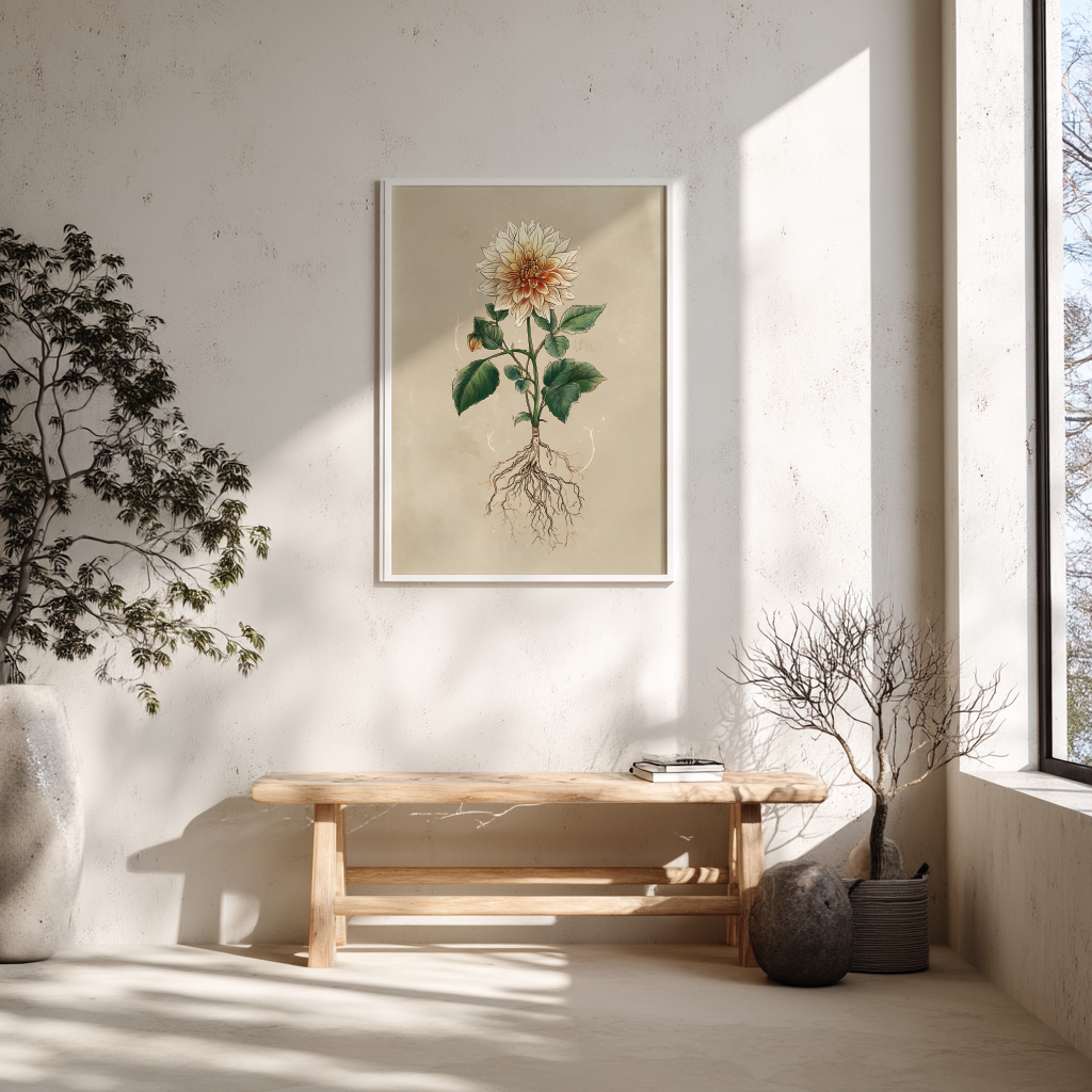 Framed botanical dahlia print on a wall in a sunlit room with a wooden bench and decorative plants.