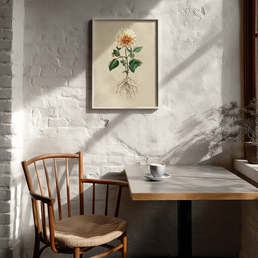 Dining area with a table, chair, and framed dahlia botanical print on a textured wall.