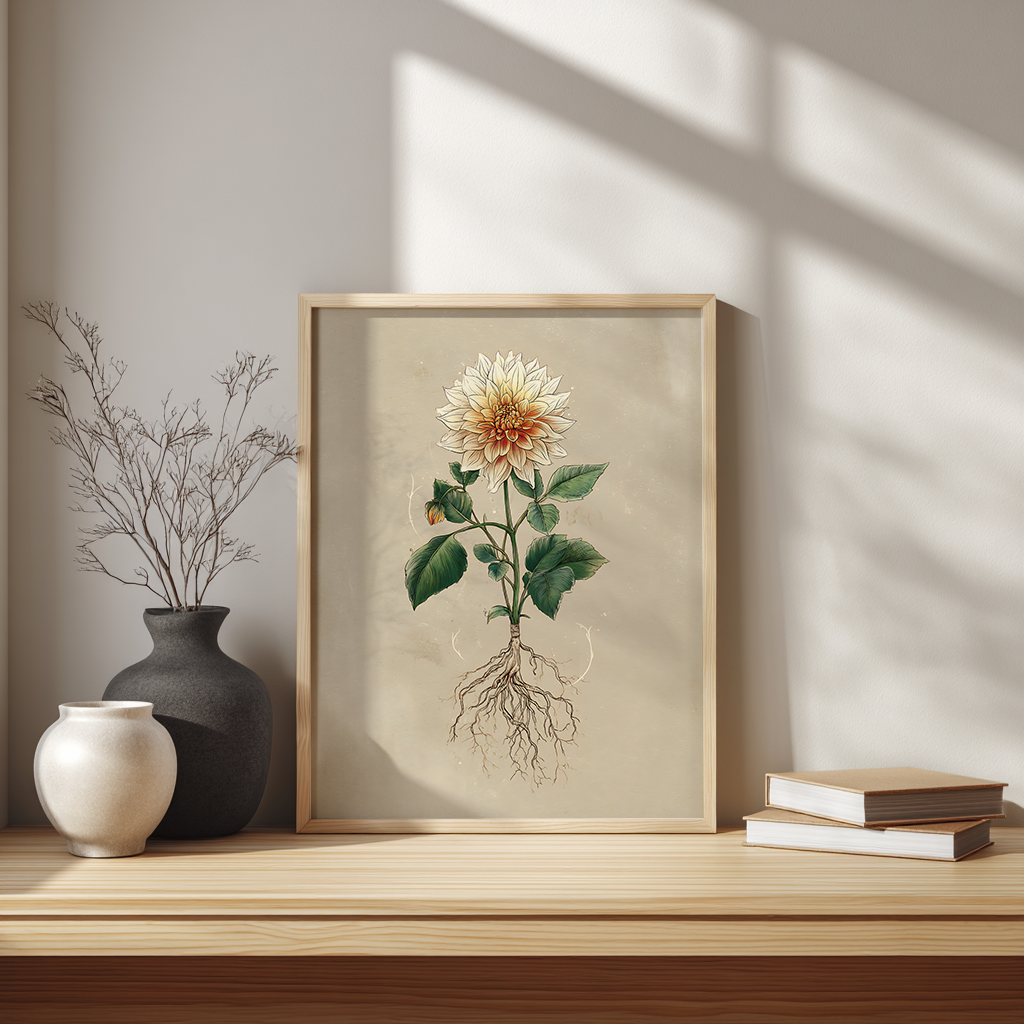 Framed botanical print of a dahlia flower with roots on a wooden shelf with decorative items.