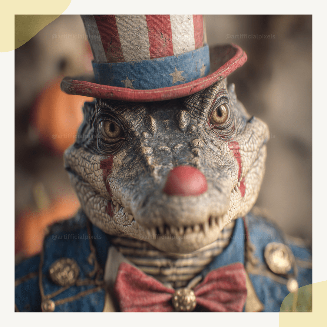 Scary crocodile reptile dressed as creepy Halloween clown with dark horror circus theme for digital art