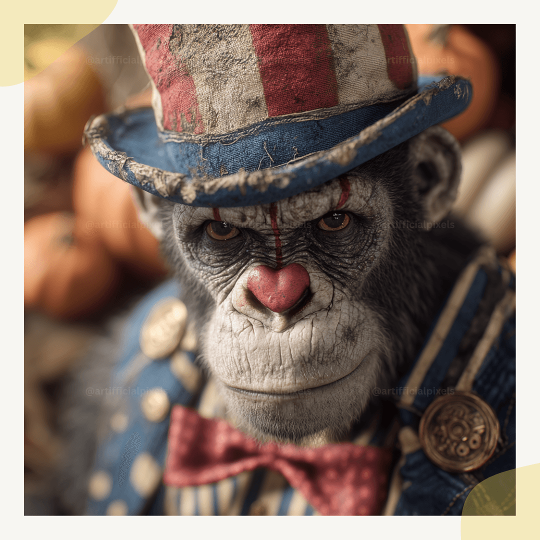 Scary gorilla animal clown with terrifying Halloween circus makeup perfect for horror themed digital artwork
