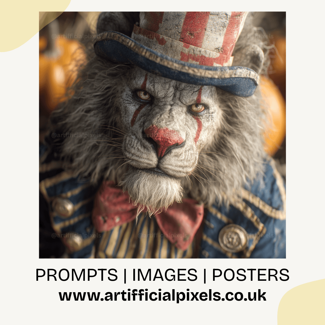 Scary lion animal clown with frightening Halloween circus makeup and vintage horror portrait style