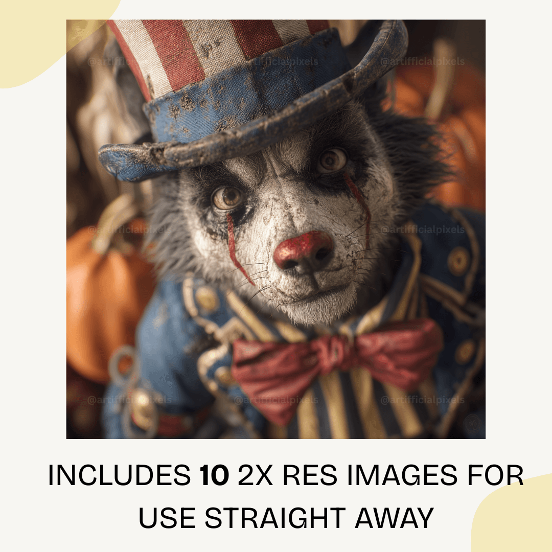 Scary wolf animal clown with eerie vintage circus makeup perfect for Halloween horror art and spooky decorations