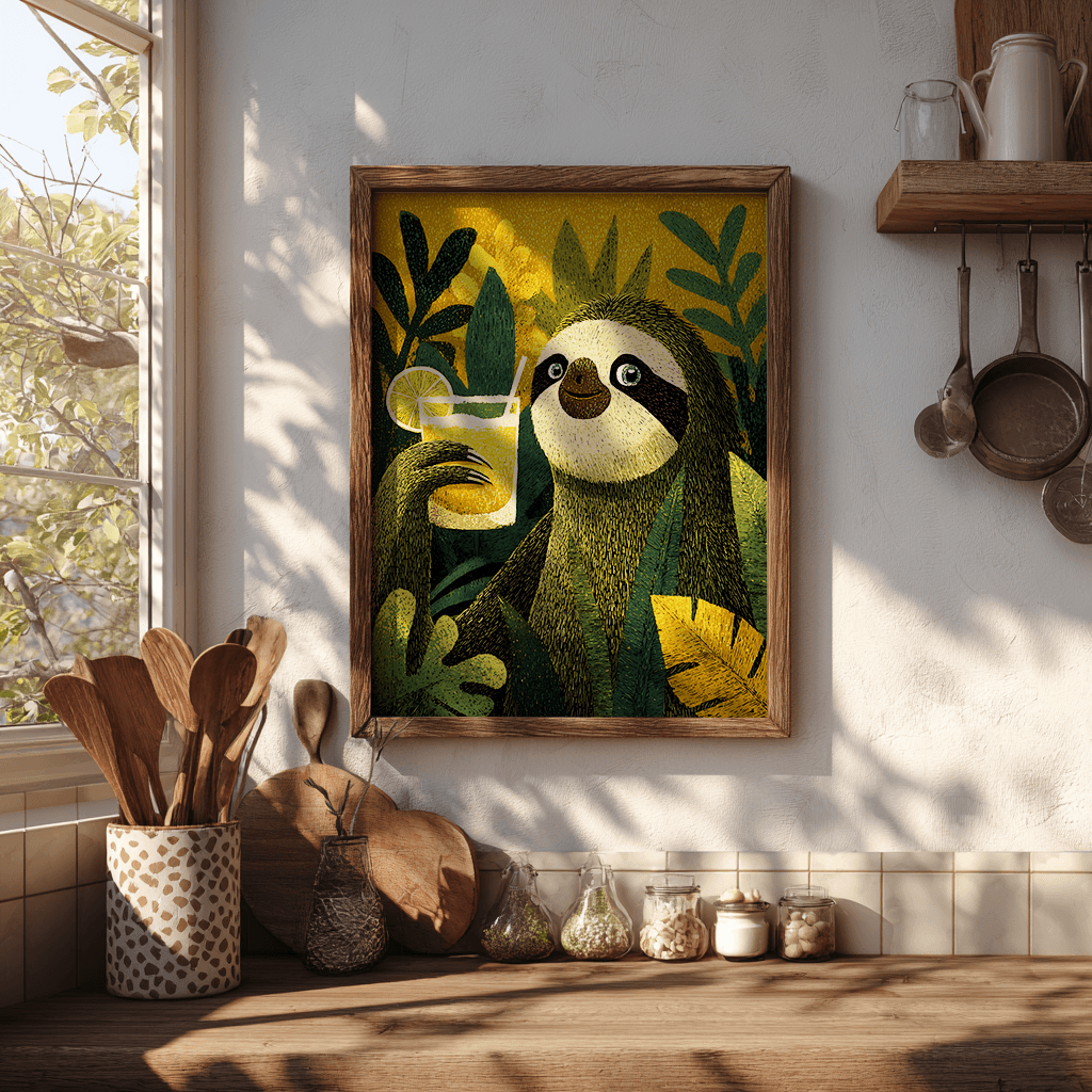 Sloth botanical poster showcased in contemporary kitchen interior setting