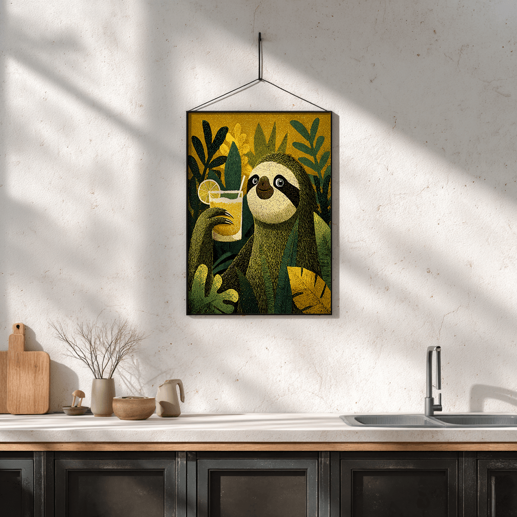 Sloth nature poster with tropical botanical elements perfect for eco-friendly wall art
