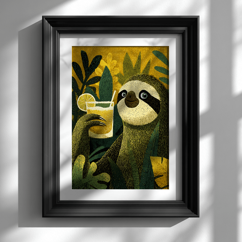 Sloth tropical art poster displayed in elegant black frame on white wall
