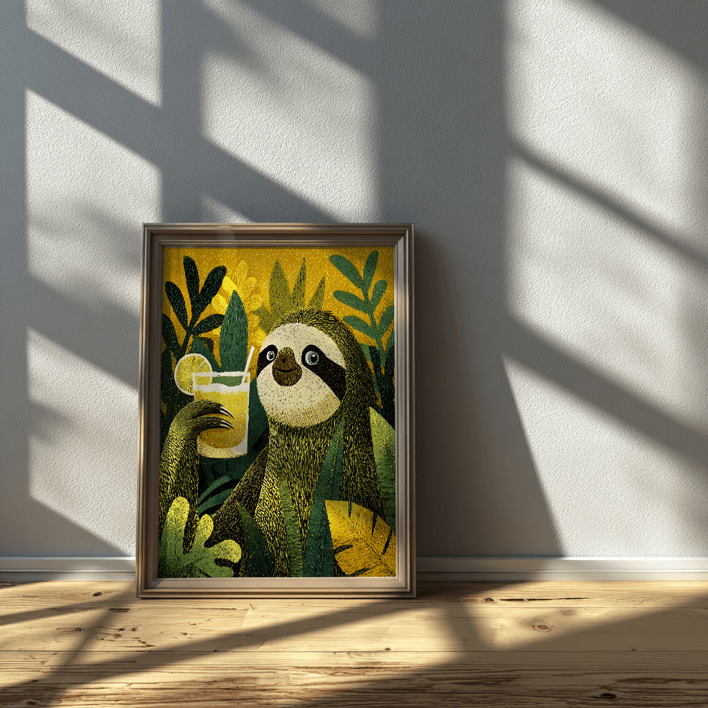 Sloth tropical art poster showcasing detailed nature illustration for wall decoration