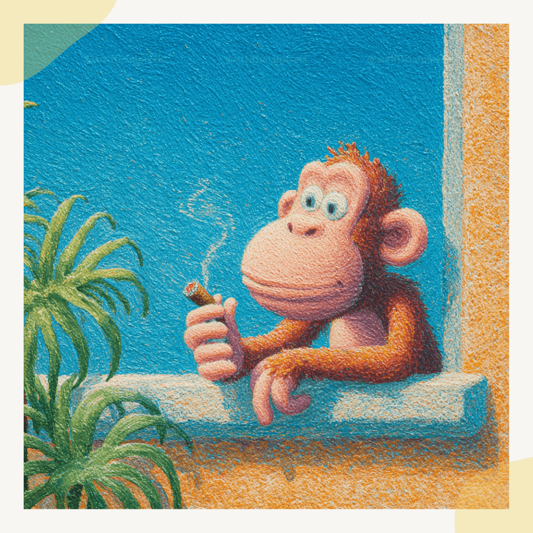 Cartoon monkey smoking a cigar on a colorful background