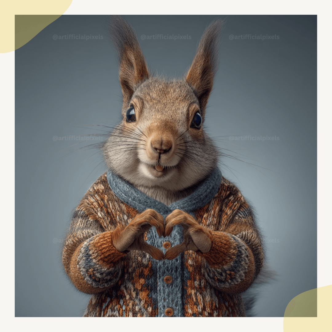 Squirrel wearing a sweater and scarf making a heart shape with its hands on a gray background