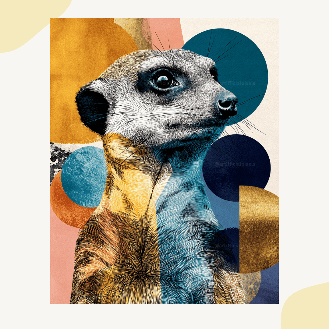 Stylized meerkat portrait with bold pop art design created from Midjourney AI prompt ideal for Redbubble and Society6