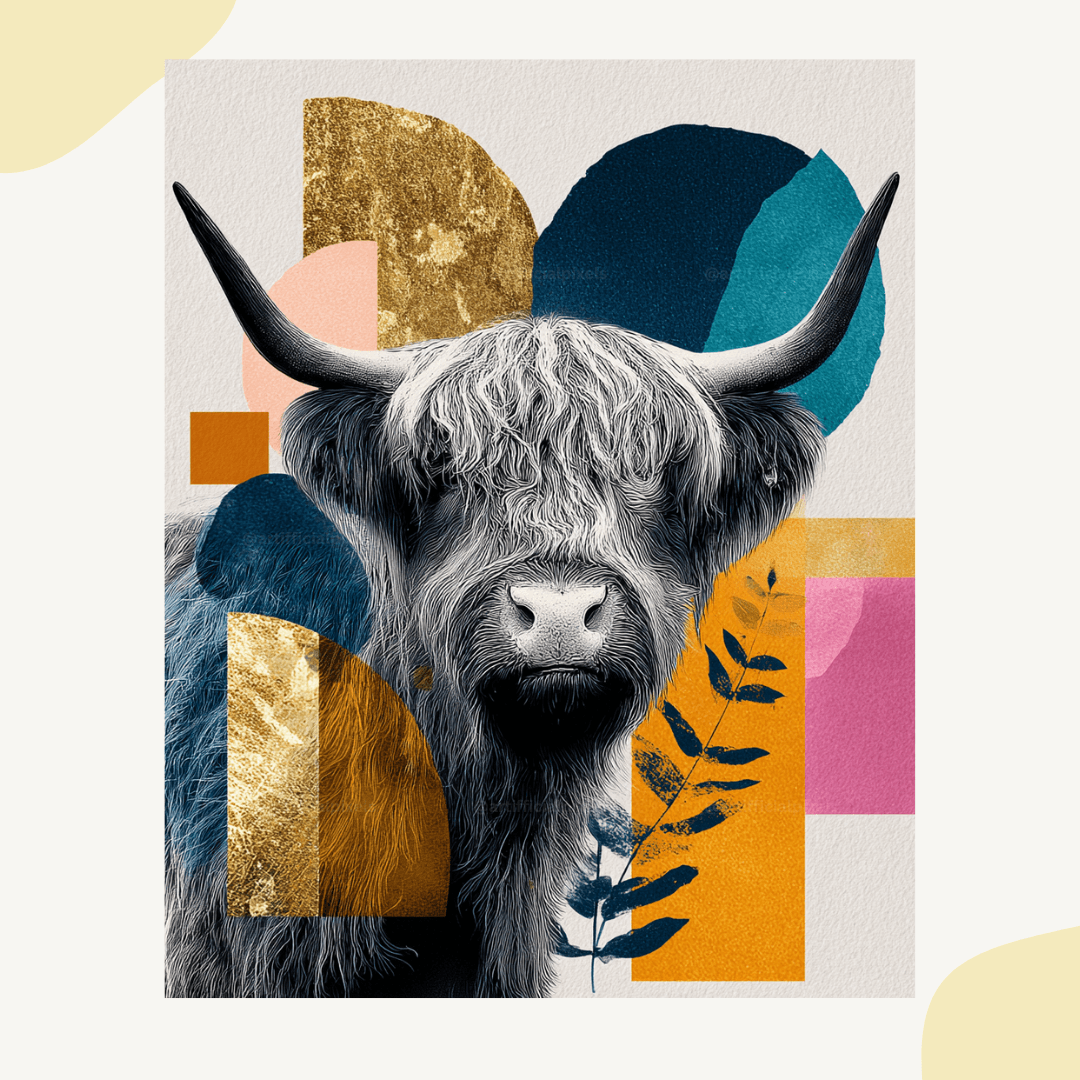 Stylized watercolor cow portrait with pop art elements generated from Midjourney prompt for commercial use and printing