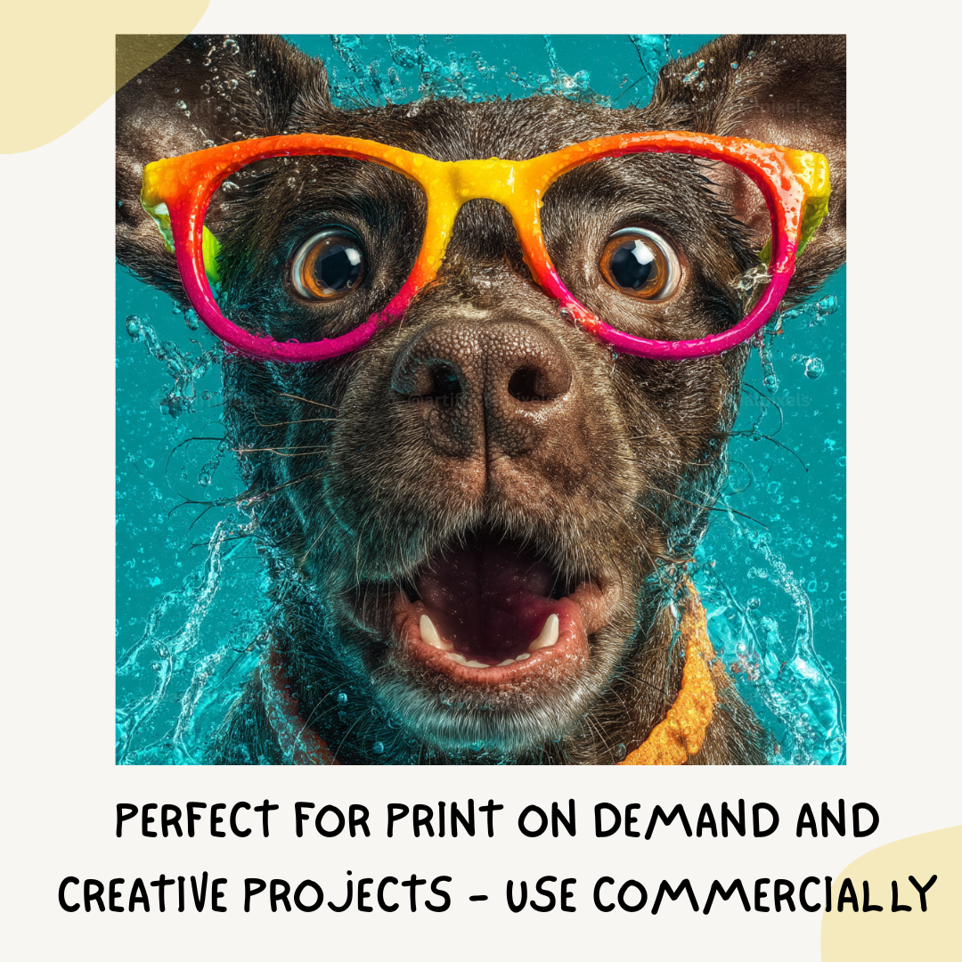 Portrait of a surprised dog in playful commercial style, Midjourney-generated art with water splash effects on a turquoise background