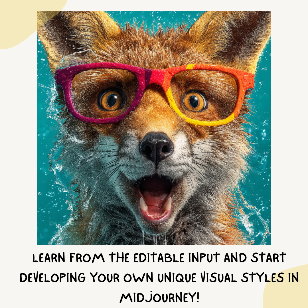 Portrait of a surprised fox in playful commercial style, Midjourney-generated art with water splash effects on a turquoise background