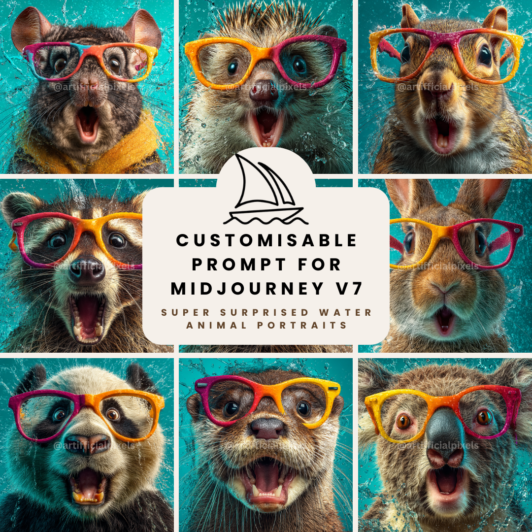 Portrait of a surprised group of animals in playful commercial style, Midjourney-generated art with water splash effects on a turquoise background