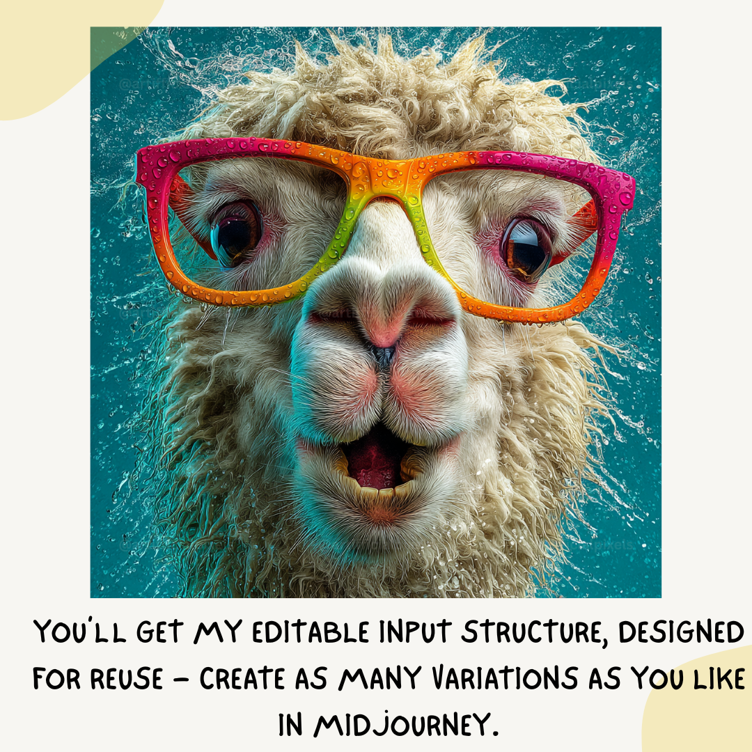 Portrait of a surprised llama in playful commercial style, Midjourney-generated art with water splash effects on a turquoise background