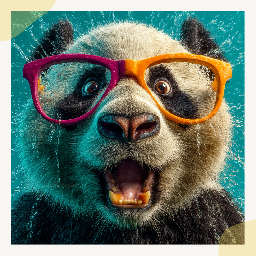 Portrait of a surprised panda in playful commercial style, Midjourney-generated art with water splash effects on a turquoise background