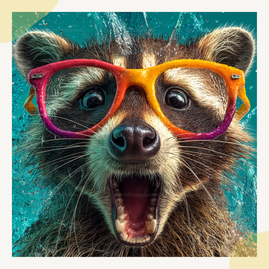 Portrait of a surprised raccoon in playful commercial style, Midjourney-generated art with water splash effects on a turquoise background