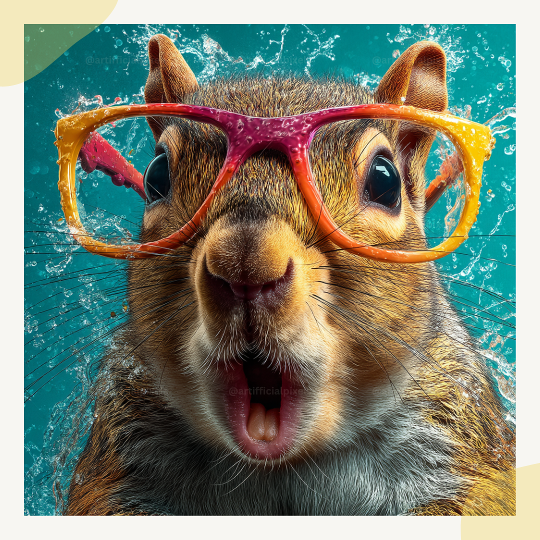 Portrait of a surprised squirrel in playful commercial style, Midjourney-generated art with water splash effects on a turquoise background