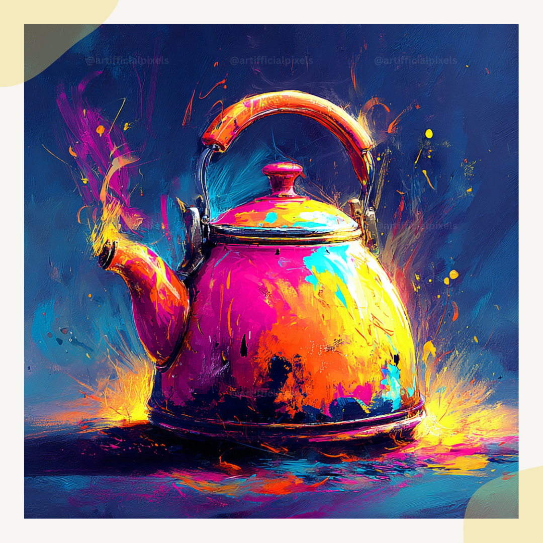 Surreal kettle transformed into psychedelic digital art using Midjourney V7 prompt with electric colour palette