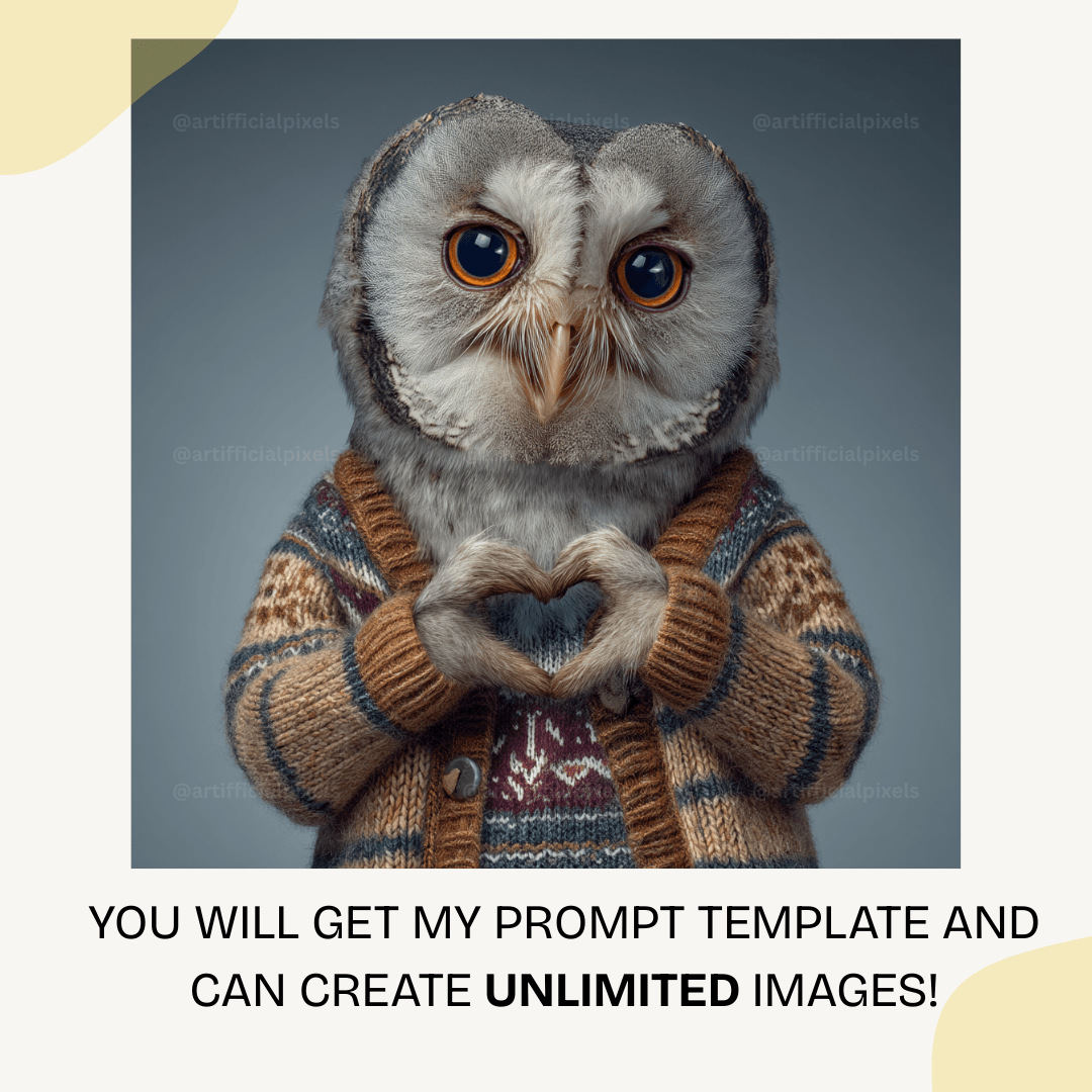Surreal owl wearing patterned knitted jumper making heart gesture, hyper-realistic AI art for digital prints
