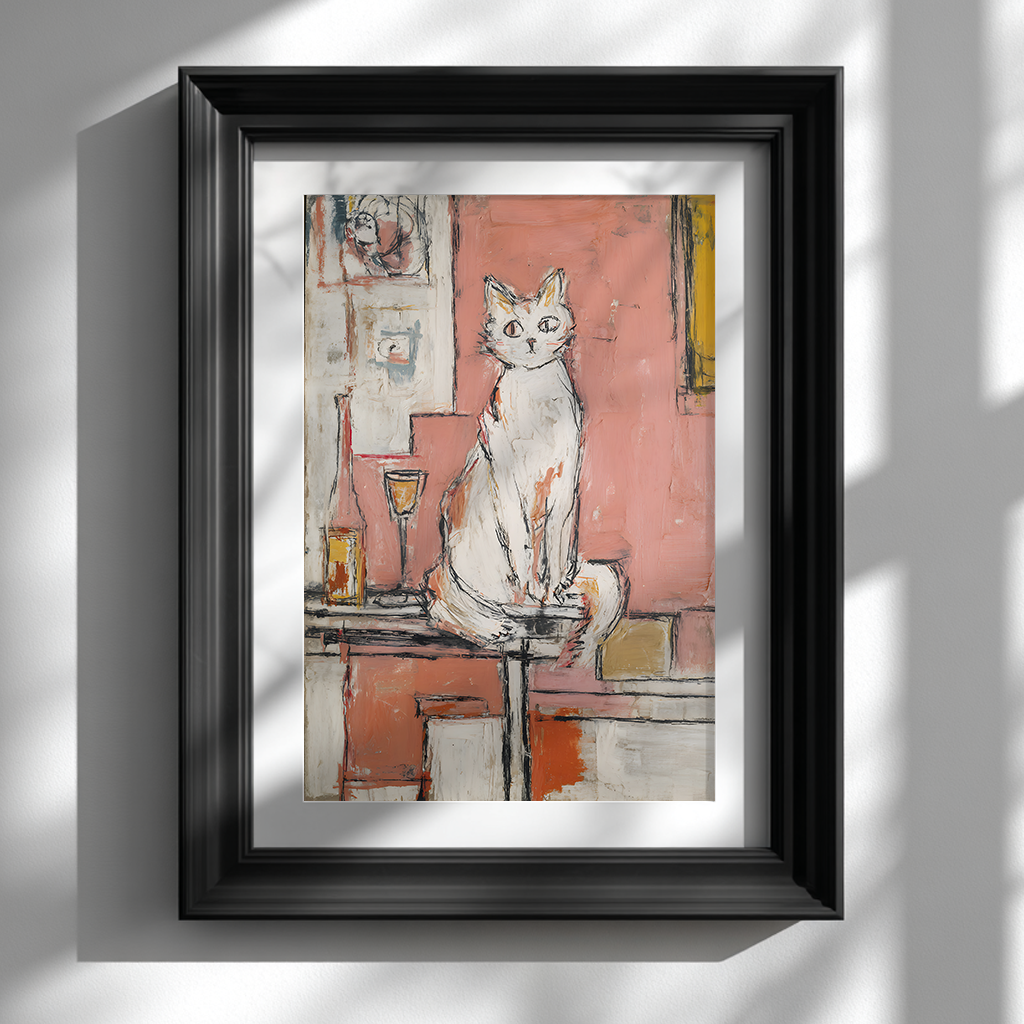 Modern abstract cat and wine art print framed in black on white wall, stylish home decor poster
