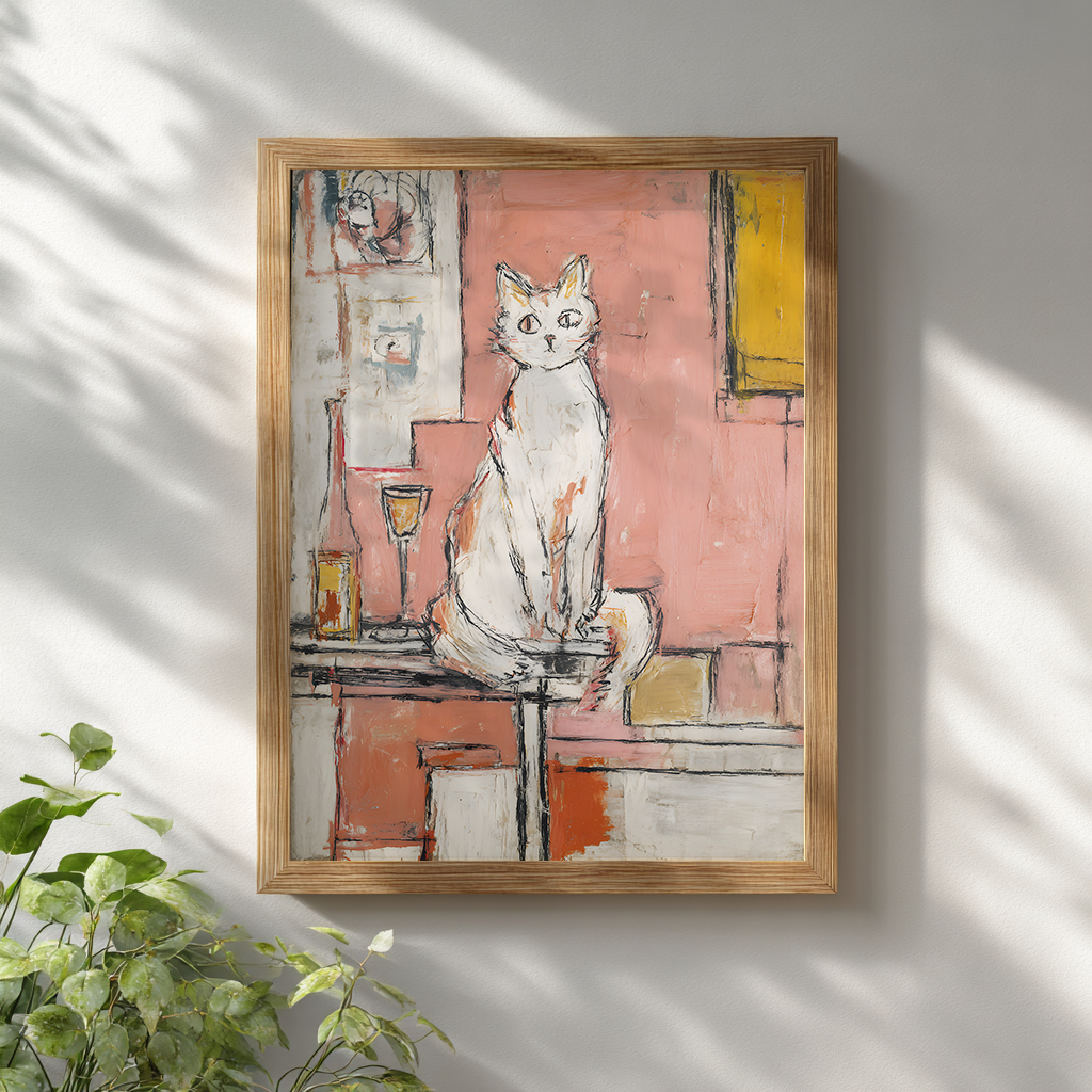 Cat and wine abstract art print framed in wood, hanging on bright modern interior wall