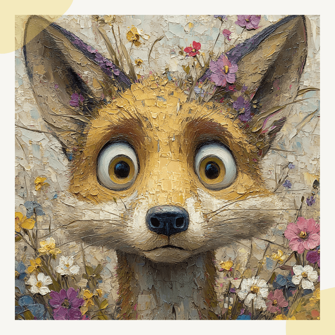 Painting of a fox face surrounded by flowers