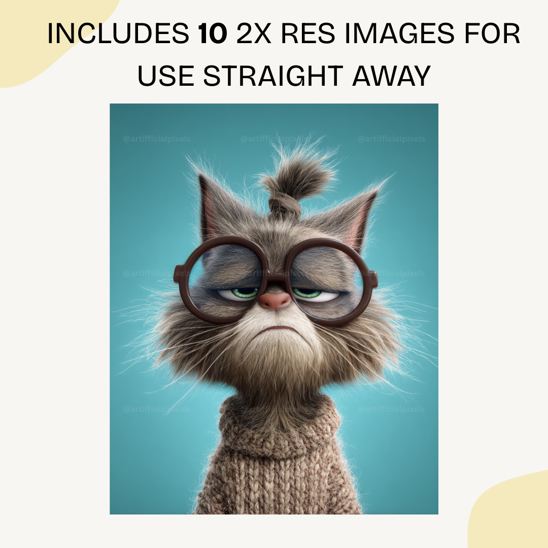 Tired cat with glasses and top knot in Pixar animation style generated with Midjourney AI prompt
