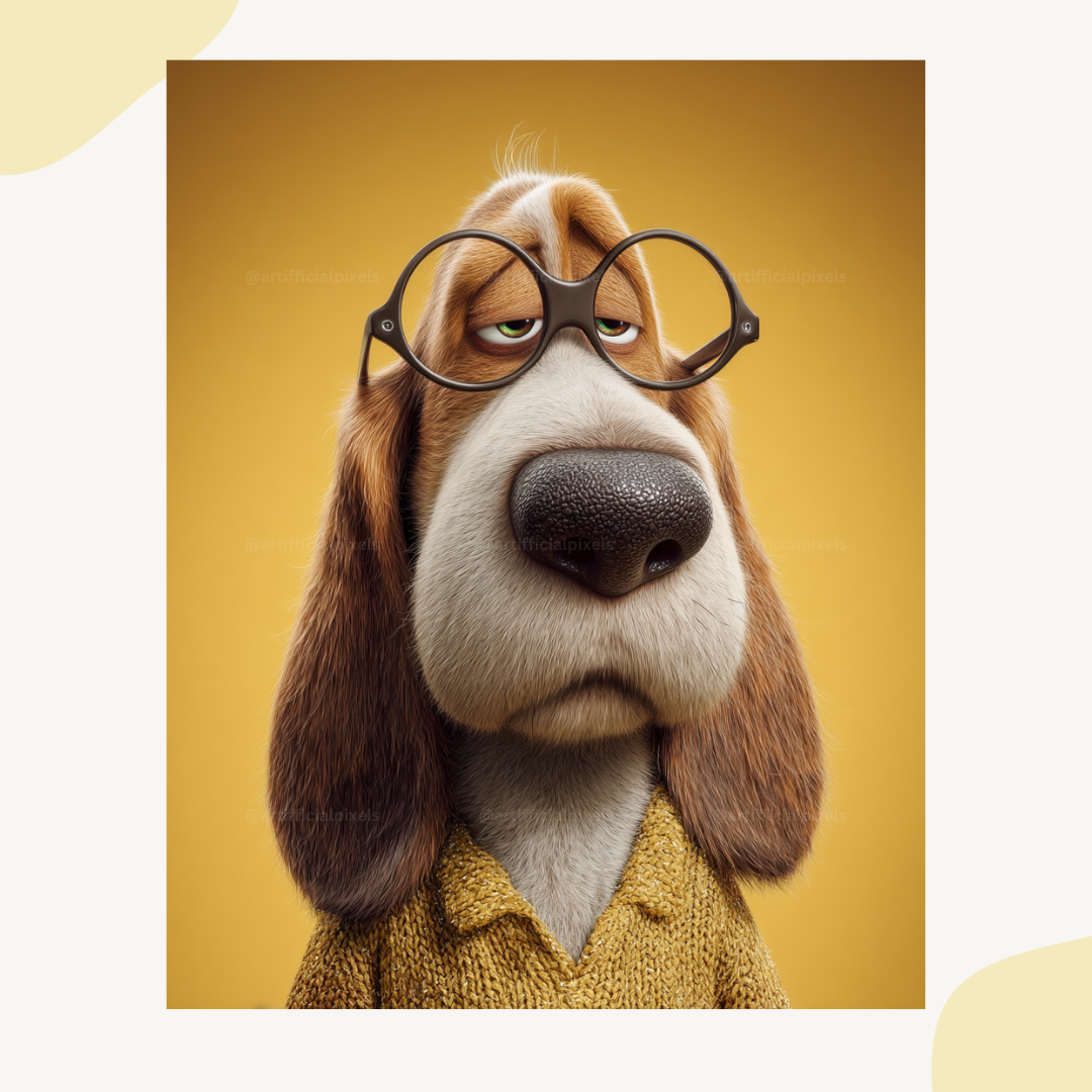 Tired dog with glasses and expressive eyes in Pixar animation style generated using Midjourney AI