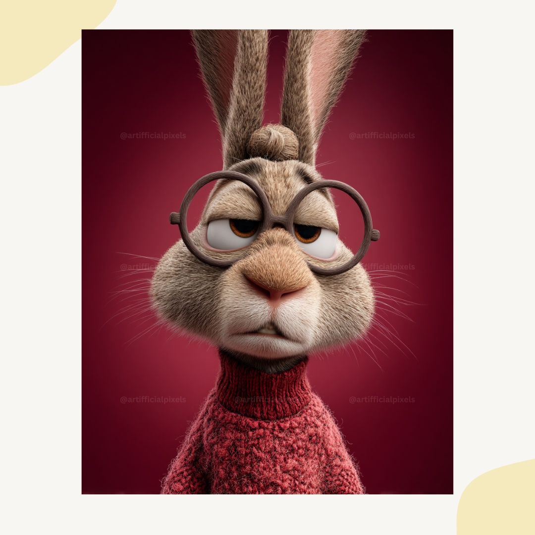 Tired rabbit with glasses and long ears in cute Pixar animation style generated with Midjourney AI prompt